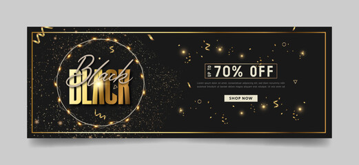 Wall Mural - Black Friday Facebook cover, ad banner template, creative sale banners concept modern layout black background, gold text, fairy light
