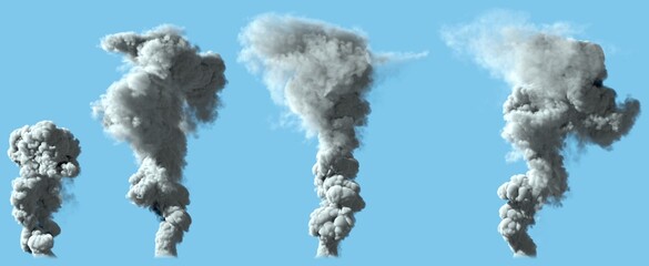 4 different renders of solid gray smoke column as from volcano or huge industrial explosion - pollution concept, 3d illustration of objects