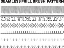 Seamless Frill And Ruffle Brush Pattern Vector Illustrator Set, Set Of Borders With Fringe Trims And Ribbons Brush For Dresses, Garments, Bags, Fashion Illustration, Clothing And Accessories