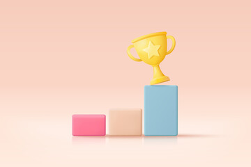 3d winners minimal with golden cup, gold winners stars on podium background. Award ceremony concept on pedestal with cartoon style. 3d vector render isolated on pastel background