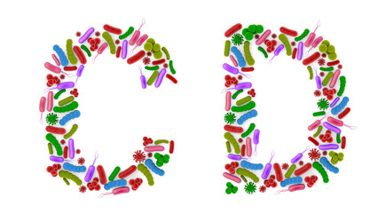 Alphabet C D made of Bacteria isolated on white background, bacteria font. 3d alphabet. 3d illustration.