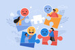Customer feedback, user experience or client review rating business concept. Modern vector illustration of people team holding emoji and smiley icons with puzzle jigsaw elements