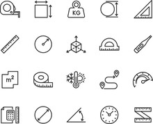 Vector Set Of Measuring Line Icons. Contains Icons Area, Measuring Tape, Radius, Diameter, Axis, Weight, Speed, Temperature And More. Pixel Perfect.