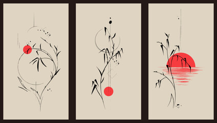 Wall Mural - Set of three vintage illustrations in Japanese style. Minimalist abstract posters for interior design, covers, brochures with sun, lines, shapes, colors. Vector backgrounds with ink texture.