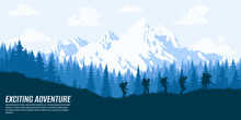 Silhouette Of People In A Team In The Mountains. Travel Concept Of Exploring And Observing Nature. Hiking. Climbing. Adventure Tourism. Flat Design For Social Media, Poster, Banner. Landscape. 