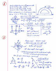 Wall Mural - Vintage education and scientific background. Math law theory and mathematical formula, equation and scheme on workbook. Vector hand-drawn set.