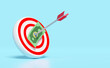 © sirawut - 3d white red target with darts or arrow, dollar banknote money isolated on blue background. business goal concept, 3d render illustration, clipping path