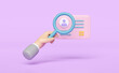 3d Id card with hand holding magnifying glass isolated on purple background. job application, recruitment staff, human resources, job search  concept, 3d render illustration, clipping path