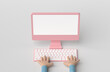 Hands using desktop PC with keyboard. Minimal computer display with blank screen mockup. 3D rendering, 3D illustration.