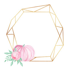 Wall Mural - Gold polygonal frame with pink pumpkin isolated on white background. Thanksgiving day border