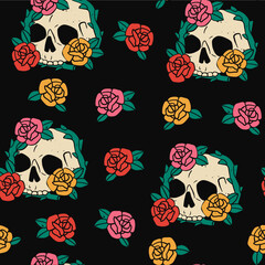 Wall Mural - Hand drawn Skull with flowers. Roses or peonies. Trendy colorful Vector illustration. Cartoon, vintage style. Square seamless Pattern. Background, wallpaper