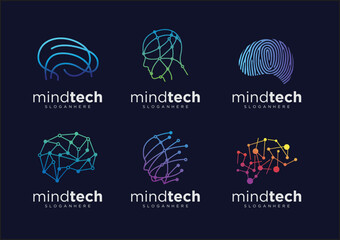 Wall Mural - Collection of brain tech logo designs, mind technology and robotic brain logo template