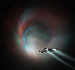 Poster - Spaceship flying in glowing abstract tunnel. Speed, futuristic travel background, 3d rendering