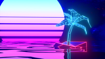 Wall Mural -  Retrowave. 3d illustration of vintage 80's gradient colored sunset with palm trees. Blue pink color. Close-up. Ocean.