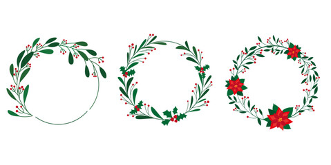 Wall Mural - Set of Christmas Wreath. Green leaves, Berries and　poinsettia flowers decoration round frame collection. Vector illustartion.