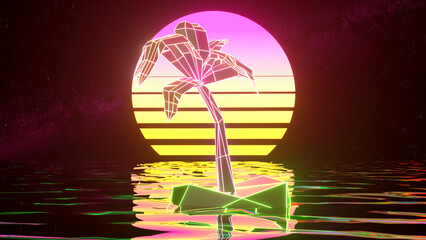 Wall Mural - Retrowave. 3d illustration of vintage 80's gradient colored sunset with palm trees. Yellow pink color. Close-up. Ocean.