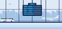 Timeline Of Flight Times On The Big Screen At The Airport. Overseas Travels. Infographic, Information Systems Concept. Stock Illustration
