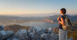 © Seleznov_Molchanova - Travel to Turkey, viewpoint over Dalyan Iztuzu Beach. . Smiling woman taking break on hiking trip looking at view at sunset. Explore natural wonders of Turkey