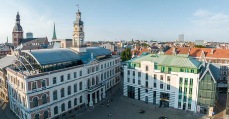 Wall Mural - Beautiful aerial view of Riga city, the capital of Latvia. Aerial view of the St. Peter's Church in the center of the old town.