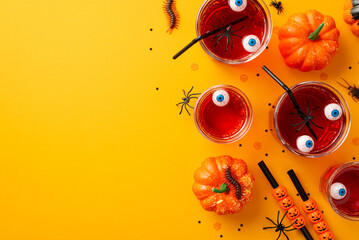 Wall Mural - Halloween party concept. Top view photo of glasses with drink floating eyes punch straws pumpkins insects centipedes cockroach spiders and confetti on isolated yellow background with copyspace