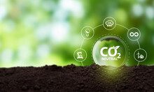 Carbon Neutral Sustainable Development Concept. Green Industry. Net Zero Greenhouse Gas Emissions Target 2050. Climate Neutral Long Term Strategy. Carbon Neutral Symbols On Green View Background .