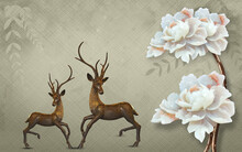 3d Wallpaper , Texture Background With Two Wooden Deer , White Flowers On Branch For Wall Wallpaper
