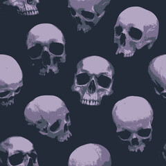 Wall Mural - Seamless pattern with sinister skulls looking out of the dark. Monochrome vector background with realistic human skulls. Suitable for wallpaper, wrapping paper, fabric, graphic print for clothing