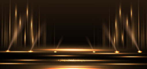 Elegant golden stage vertical glowing with lighting effect sparkle on black background. Template premium award design.