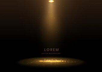 Elegant golden stage glowing with lighting effect sparkle on black background. Template premium award design.