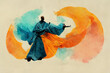 Abstract yin yang representation, monk in the middle of spiritual and cretive flow, colorful watercolor illustration