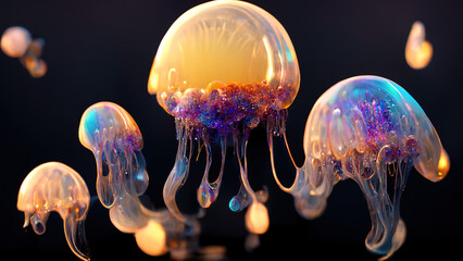 Fantastic jellyfish, amaging creatures of the underwater world. Beautiful background. Hi tech. AI.