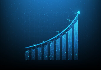 Wall Mural - business investment planning graph to success. business stair to goal achievement. vector illustration digital fantastic design. on blue dark background. consists of dot,line and triangle low poly.