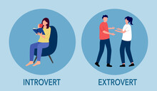 Introvert And Extrovert Personality Character Concept Vector Illustration. Introvert Woman Enjoy Reading Book Alone. Extrovert People Are Talkative And Enjoy Meeting New People.