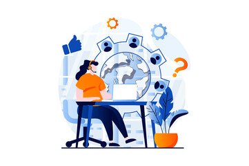 Leinwandbilder - Technical support concept with people scene in flat cartoon design. Woman in headset chatting with clients for solving tech problems and online consultation. Illustration visual story for web