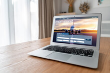 Online Flight Booking Website Provide Modish Reservation System . Travel Technology Concept .