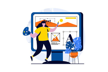 Ui ux design concept with people scene in flat cartoon design. Woman illustrator working with layout of interface, drawing and creates elements and buttons. Illustration visual story for web