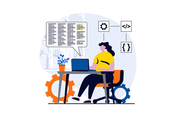 Fototapete - Web development concept with people scene in flat cartoon design. Woman designer creates layouts at laptop, programming and testing code, working in office. Illustration visual story for web