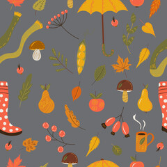 Wall Mural - seamless gray background with autumn items, vector