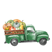 Watercolor Vintage Truck With Pumpkins