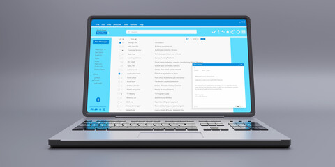 Client mail list on computer laptop screen. Email message communication.