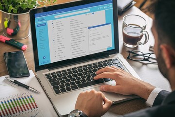 Email message communication. Computer user work with a client mail list.
