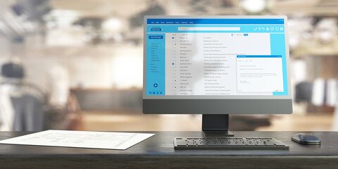 Email message communication. Client mail list on computer desktop monitor