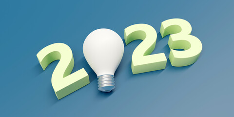 2023 Happy New Year. White bulb between yellow digit on blue background. Overhead view. 3d render