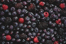 Berries Overhead Closeup Baked On Tart. Colorful Assorted Mix Of Blueberry, Raspberry, Blackberry