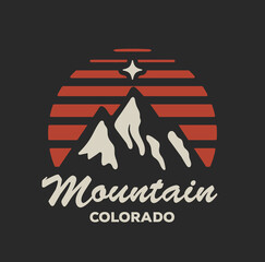 Wall Mural - Retro styled mountain peak logo or badge or label design template with mountains silhouette with sunset on background isolated on black background. Vector illustration