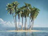Fototapeta Przestrzenne - Holiday concept art. Island in sea sandy beach with sun lounger and palms