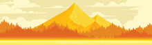 Sunset Over The Mountains, Forests And Mountains In The Morning Contrasts With The Sky And The Good Weather. Vector Nature Background Image.