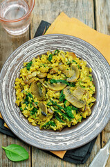 Wall Mural - Mushrooms spinach turmeric brown rice in a plate