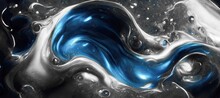 Spectacular Abstract Image Of Blue And Silver Liquid Ink Churning Together, With A Realistic Texture, Gaudy And Great Quality. Digital Art 3D Illustration.