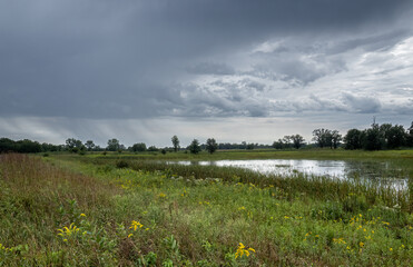 Wall Mural - scenic landscape of stormy rain clouds over green prairie on a summer day